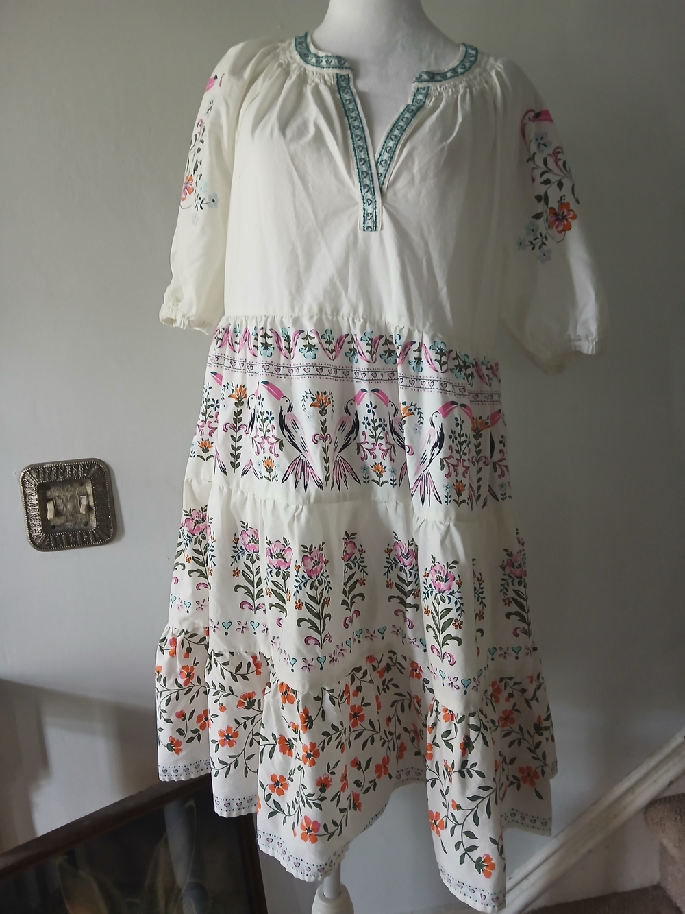 crown & ivy Cream Midi Dress with Pink, Orange and Teal Embroidery